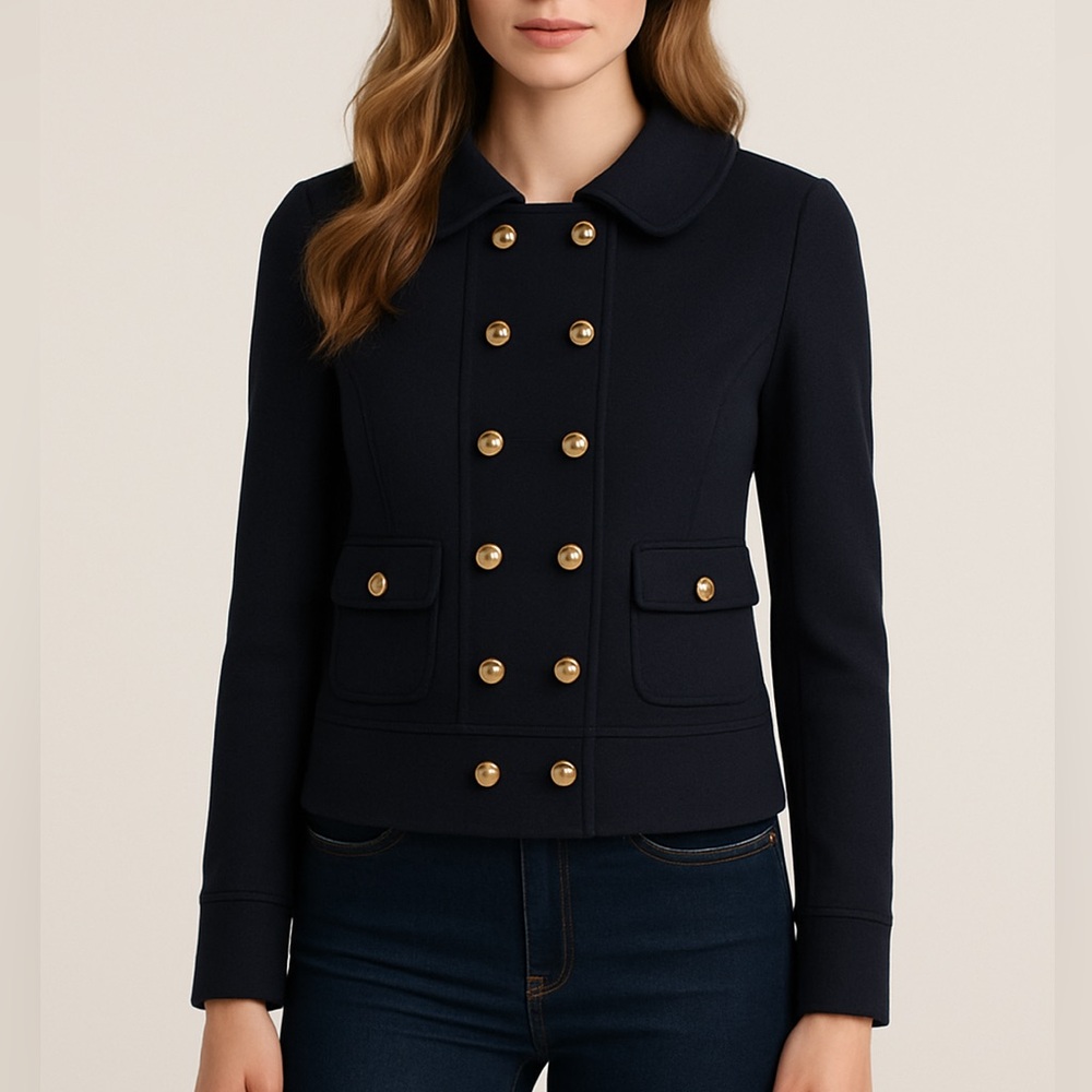Milly Wool Melangé Military Blazer Size S Black Gold Button Details Silk Classic